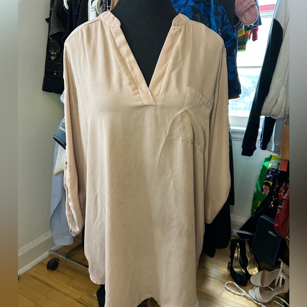GOO YOO Beige Light Weight Long Sleeve Blouse Large